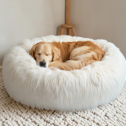 Punix Giant Dog Bed for Humans & Extra Large Dogs - 60 Inch Calming Faux Fur Cuddler - Stress Relief Anti-Anxiety Washable Shaggy Bed - Cream White
