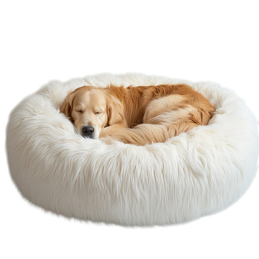 Punix Giant Dog Bed for Humans & Extra Large Dogs - 60 Inch Calming Faux Fur Cuddler - Stress Relief Anti-Anxiety Washable Shaggy Bed - Cream White